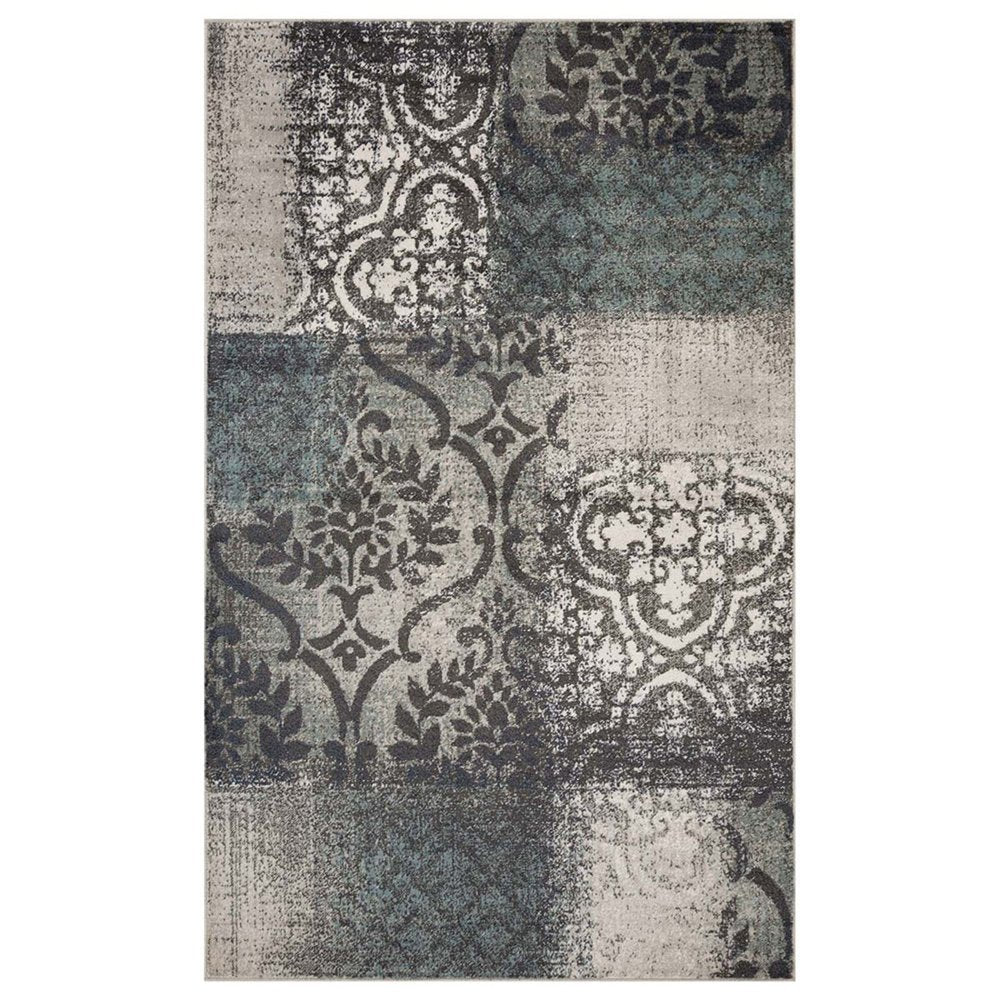 4' X 6' Teal And Ivory Damask Distressed Area Rug