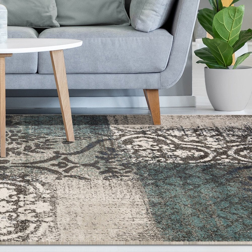 4' X 6' Teal And Ivory Damask Distressed Area Rug