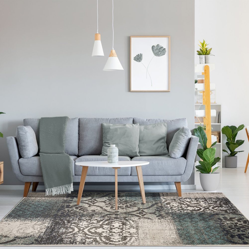 5' X 8' Teal And Ivory Damask Distressed Area Rug