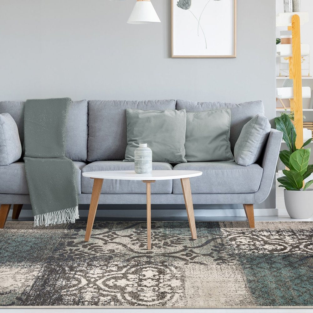 5' X 8' Teal And Ivory Damask Distressed Area Rug