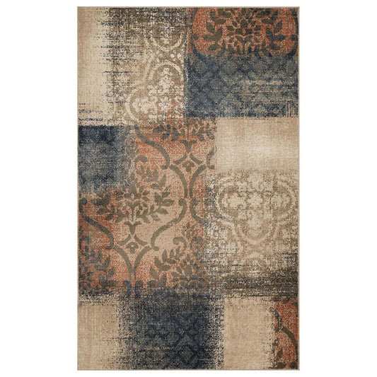 7' X 9' Blue And Ivory Damask Distressed Area Rug