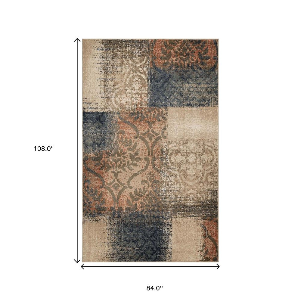 7' X 9' Blue And Ivory Damask Distressed Area Rug