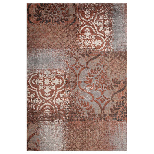 7' X 9' Rust And Gray Damask Distressed Area Rug