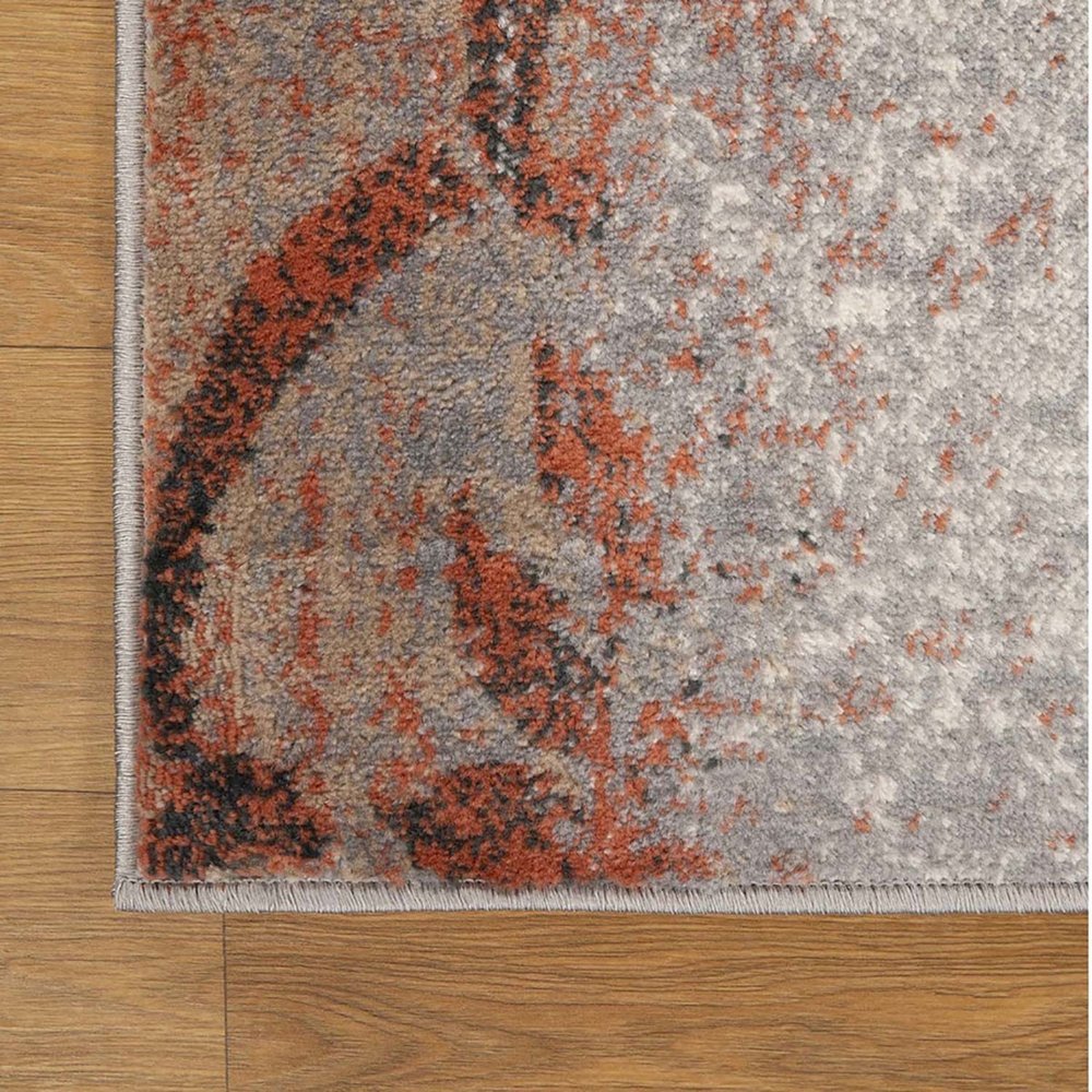 7' X 9' Rust And Gray Damask Distressed Area Rug