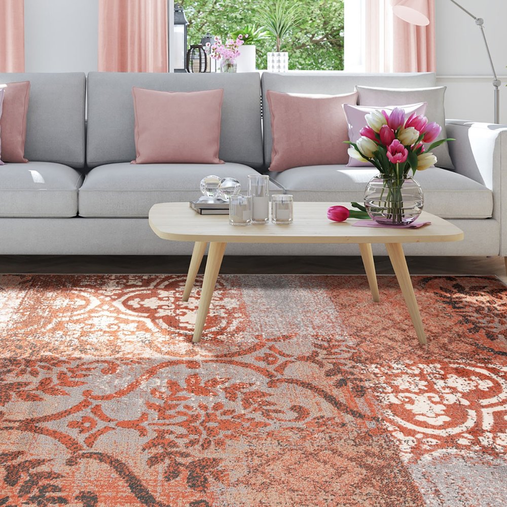 7' X 9' Rust And Gray Damask Distressed Area Rug