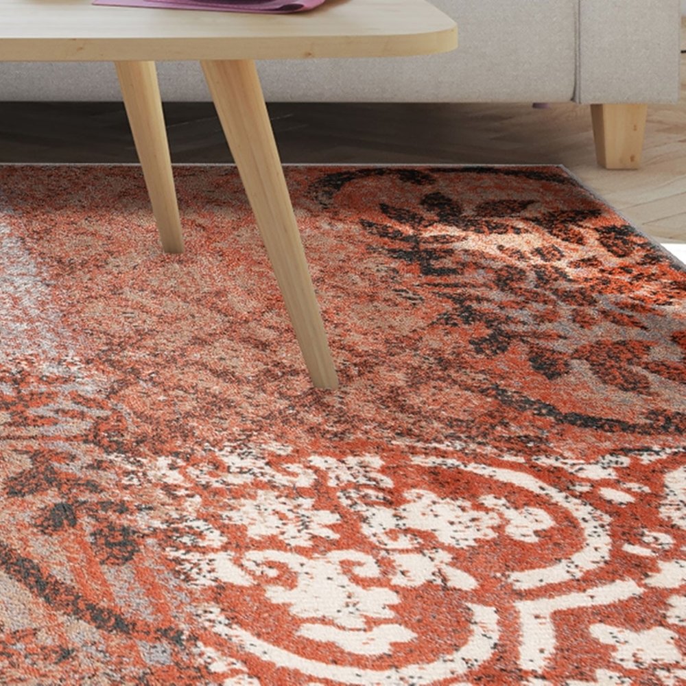 7' X 9' Rust And Gray Damask Distressed Area Rug