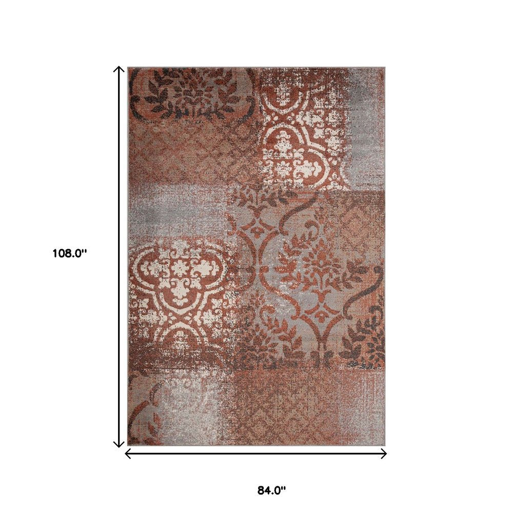 7' X 9' Rust And Gray Damask Distressed Area Rug