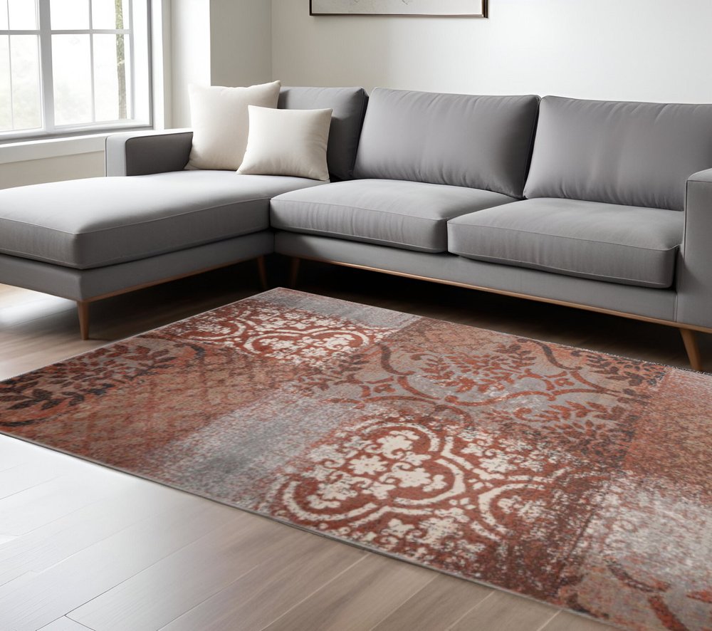 7' X 9' Rust And Gray Damask Distressed Area Rug