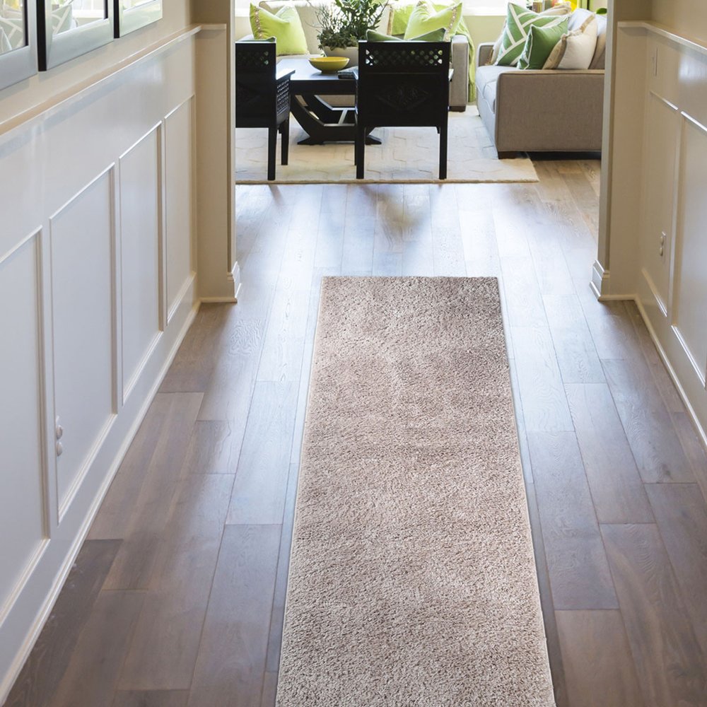 8' Beige Shag Handmade Runner Rug