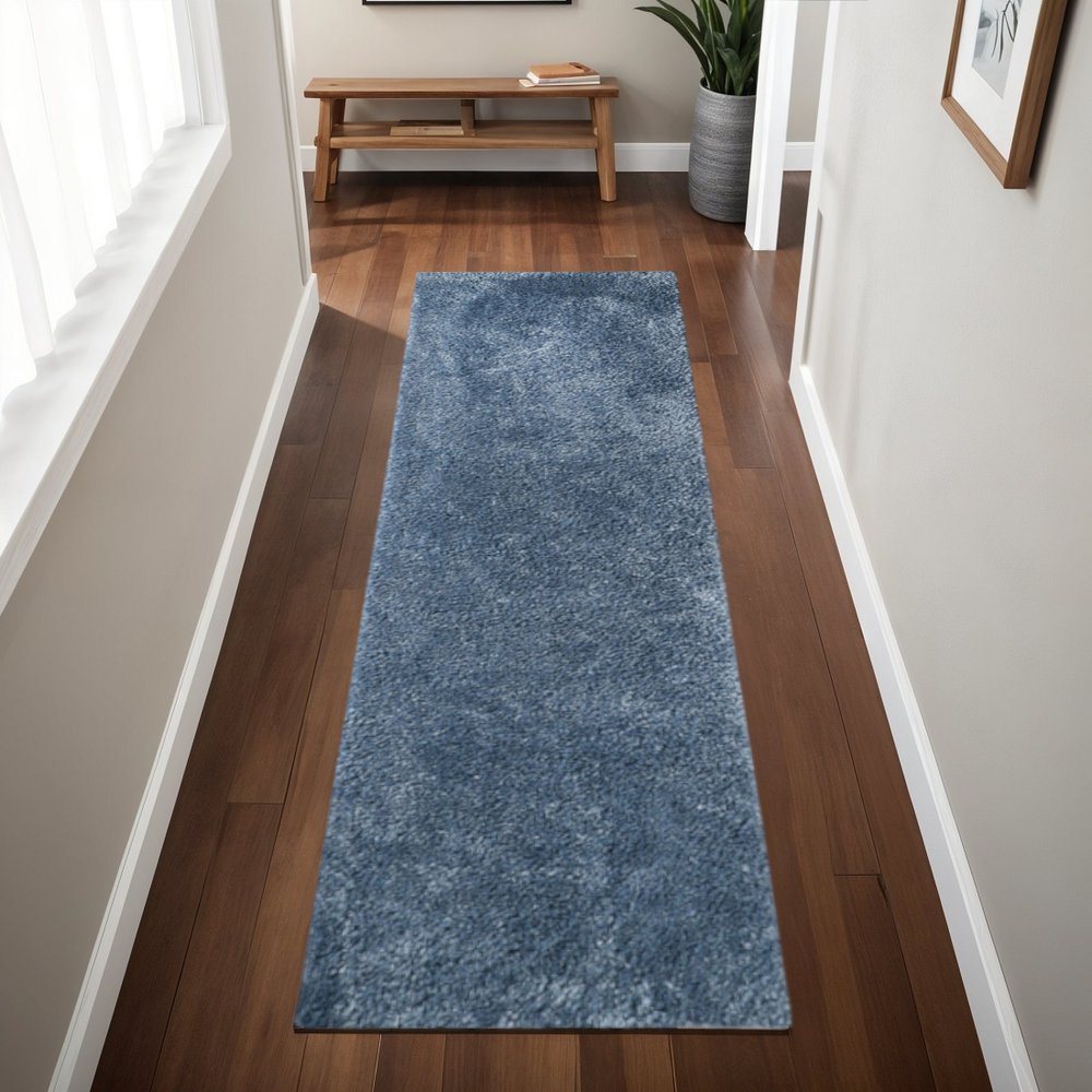 8' Blue Shag Handmade Runner Rug