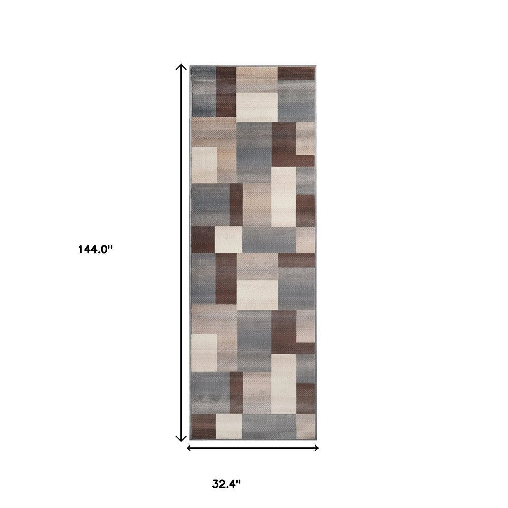 12' Gray Tan And Brown Patchwork Runner Rug