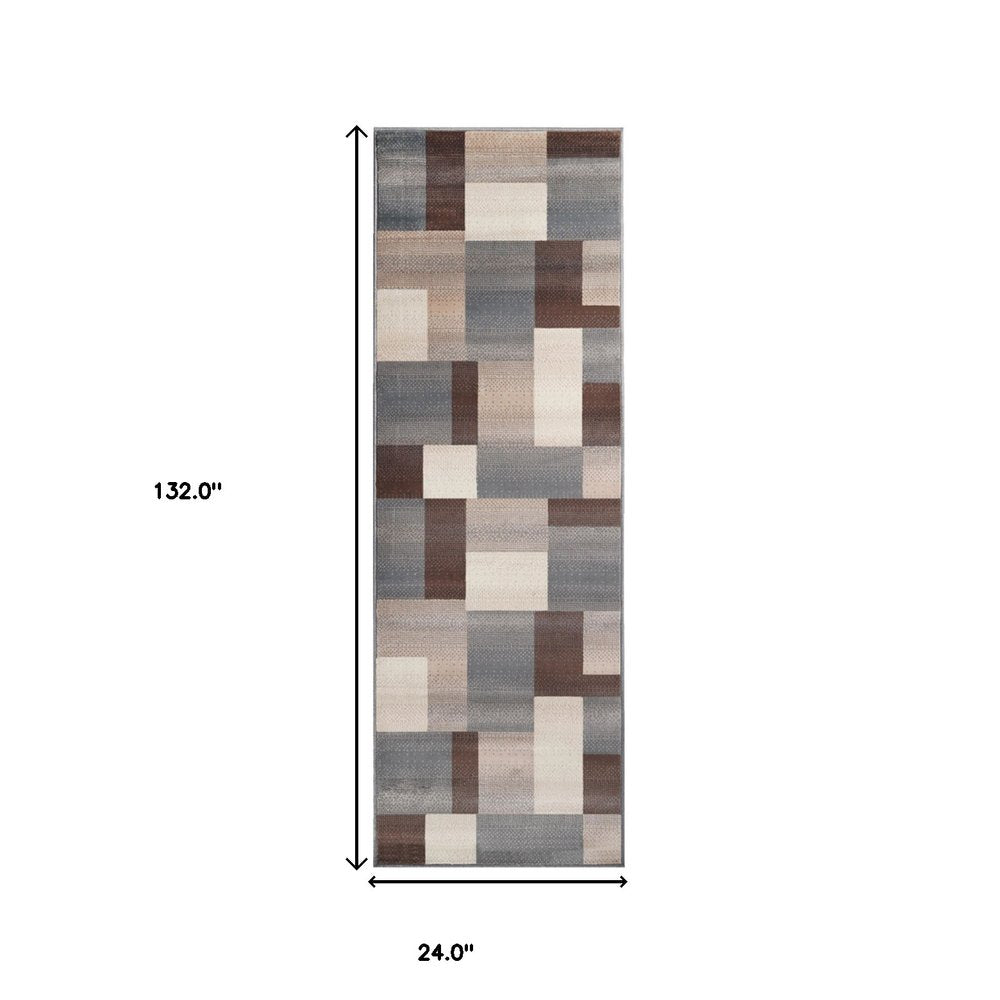 11' Gray Tan And Brown Patchwork Runner Rug