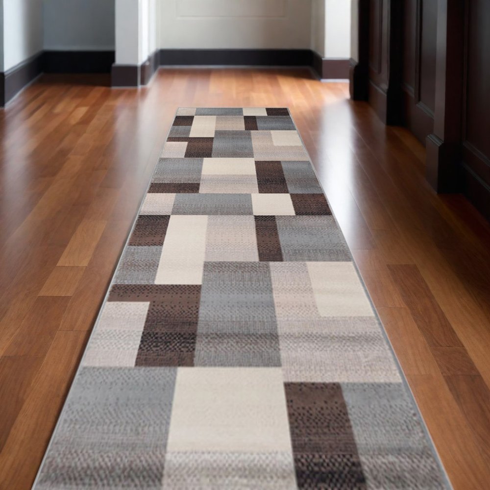 11' Gray Tan And Brown Patchwork Runner Rug