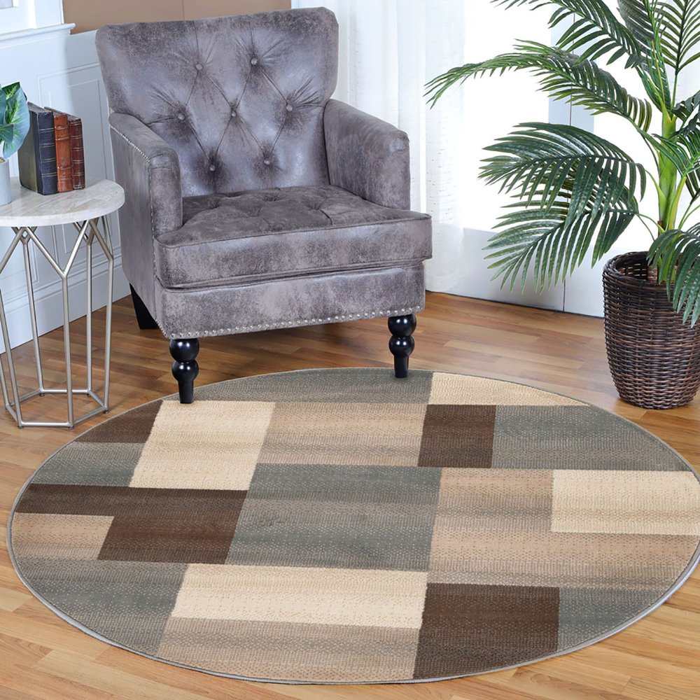5' Gray Tan And Brown Patchwork Round Rug