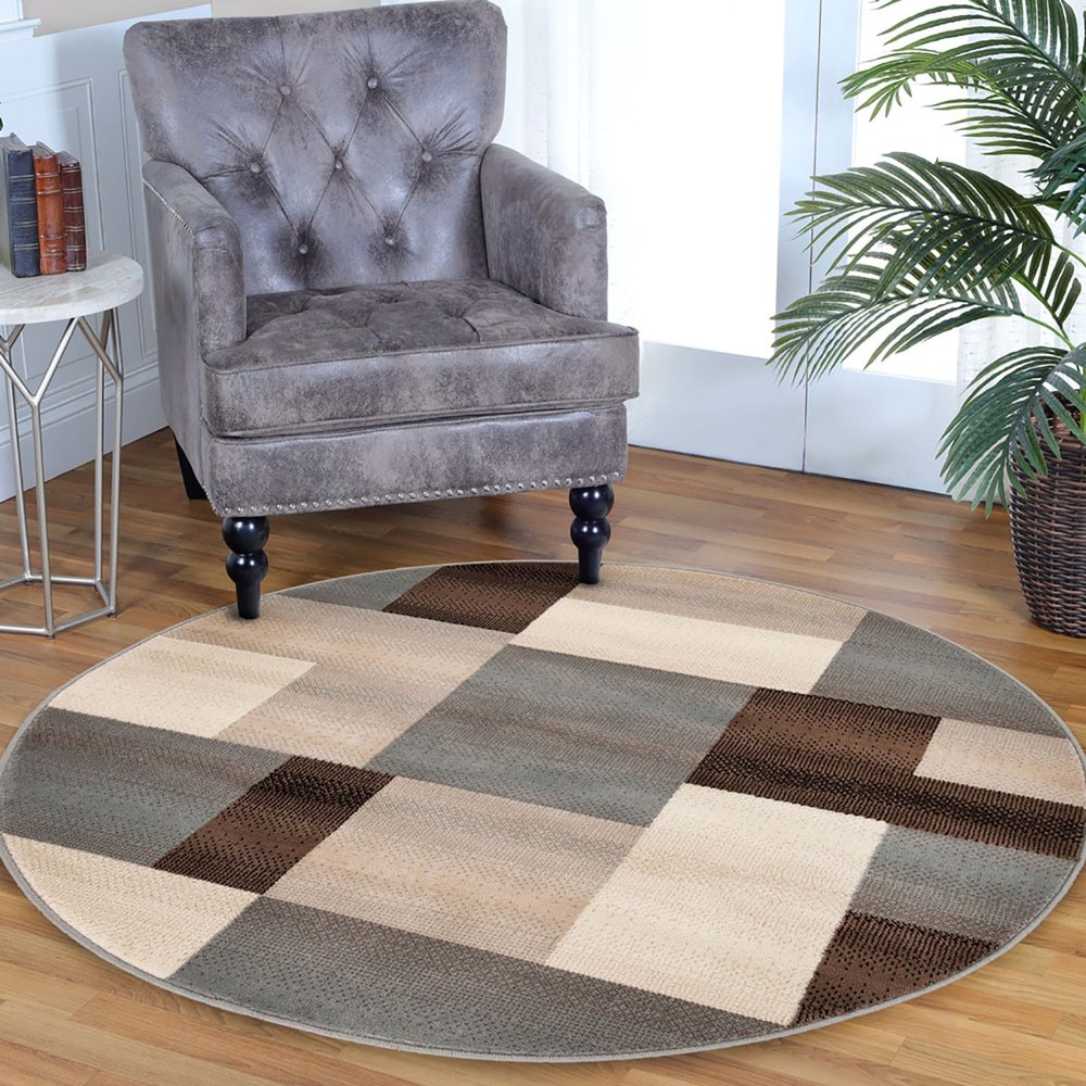 5' Gray Tan And Brown Patchwork Round Rug