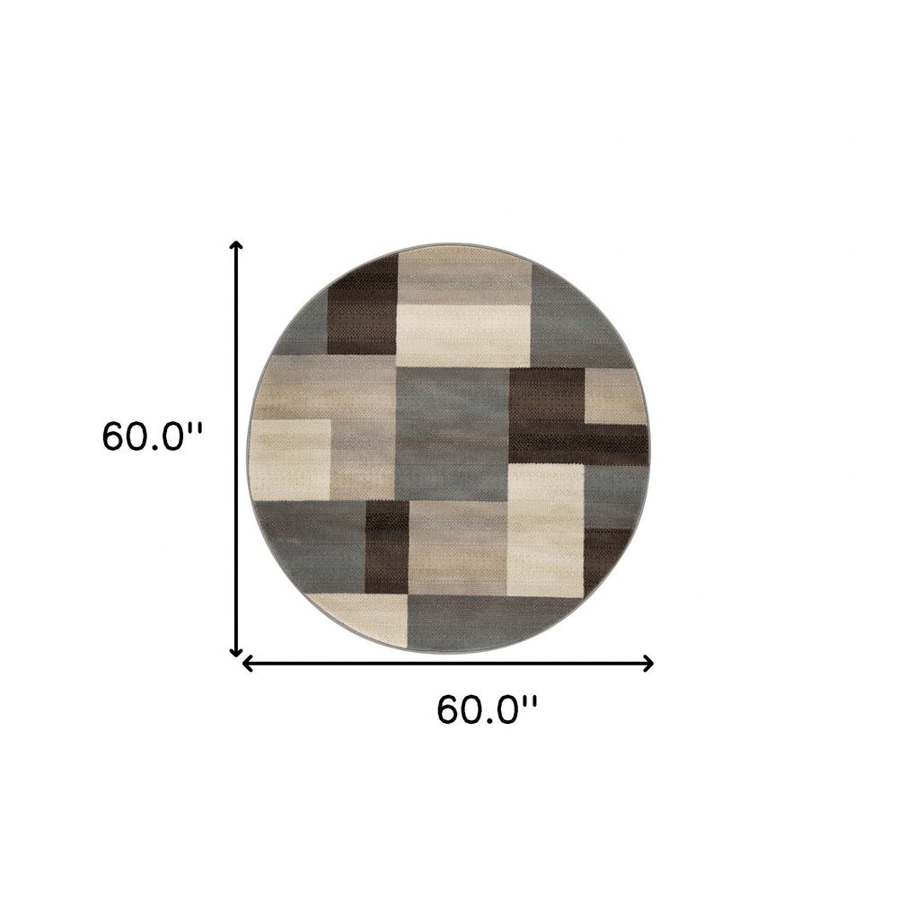 5' Gray Tan And Brown Patchwork Round Rug