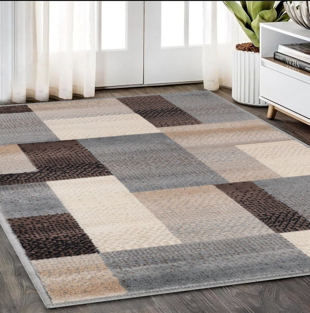 5' X 8' Gray Tan And Brown Patchwork Area Rug