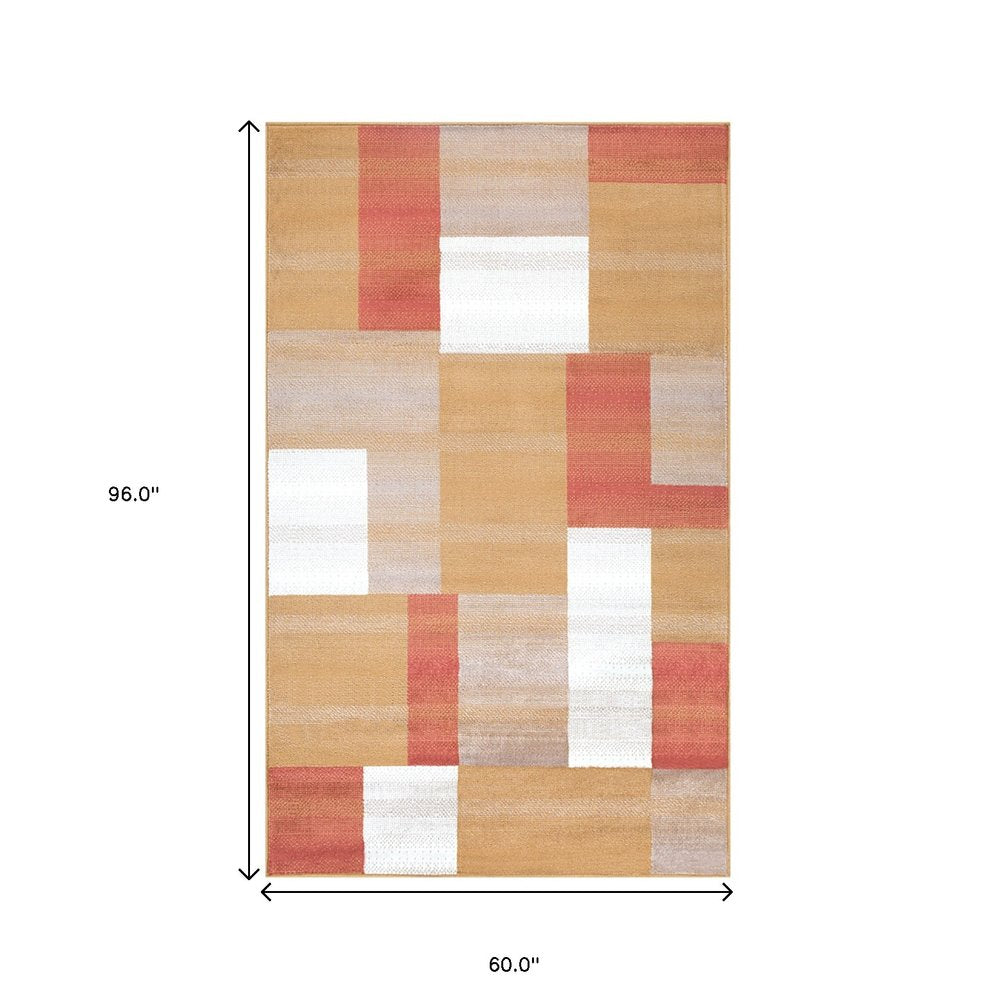 5' X 8' Terra Cotta Ivory And Brown Patchwork Area Rug