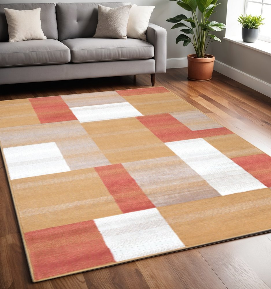 5' X 8' Terra Cotta Ivory And Brown Patchwork Area Rug
