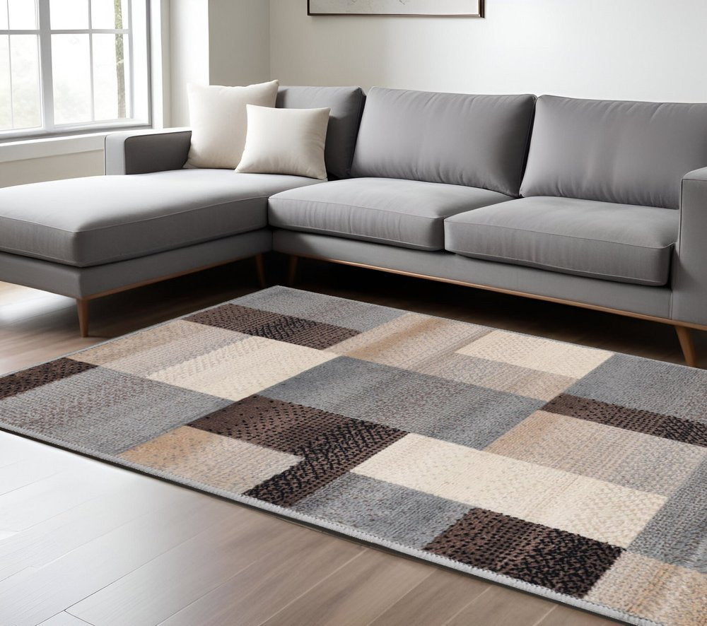 7' X 9' Gray Tan And Brown Patchwork Area Rug
