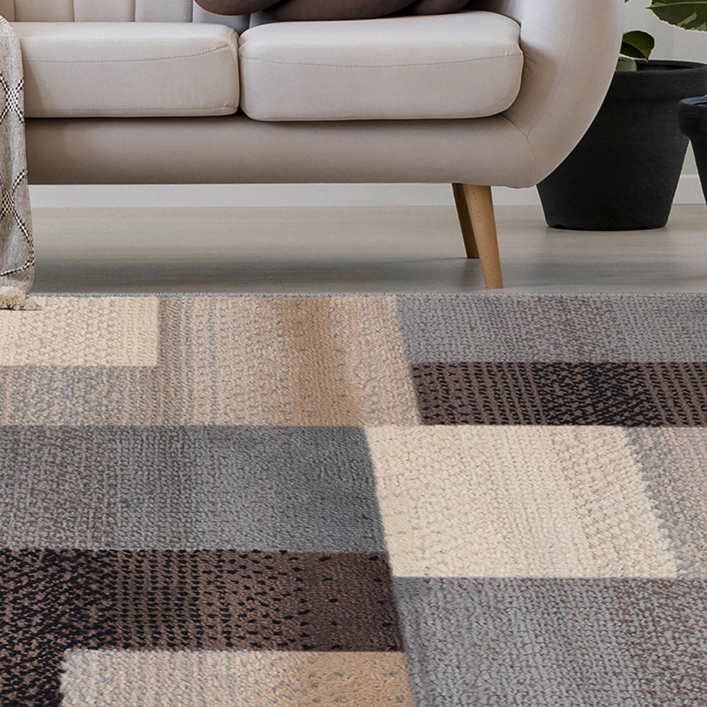 7' X 9' Gray Tan And Brown Patchwork Area Rug