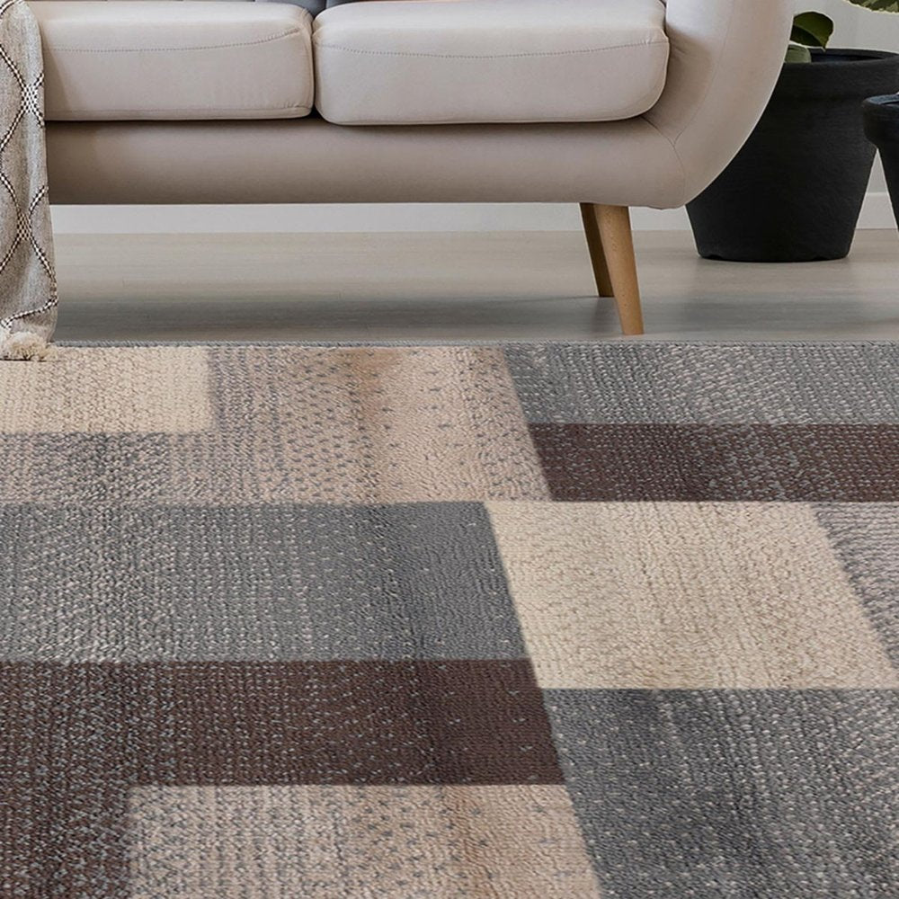 7' X 9' Gray Tan And Brown Patchwork Area Rug