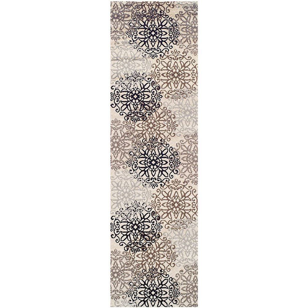 12' Beige Black And Brown Floral Medallion Runner Rug