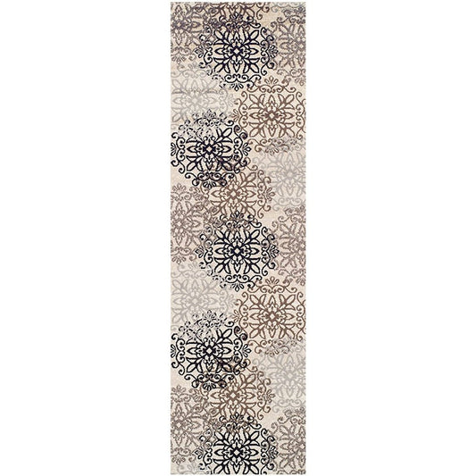 12' Beige Black And Brown Floral Medallion Runner Rug