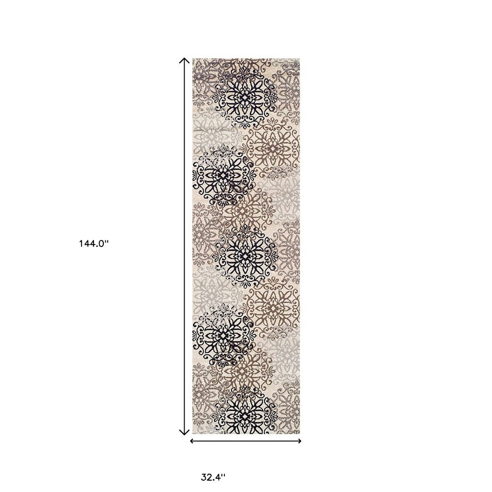 12' Beige Black And Brown Floral Medallion Runner Rug