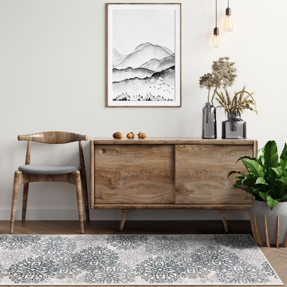 8' Gray And Charcoal Medallion Runner Rug