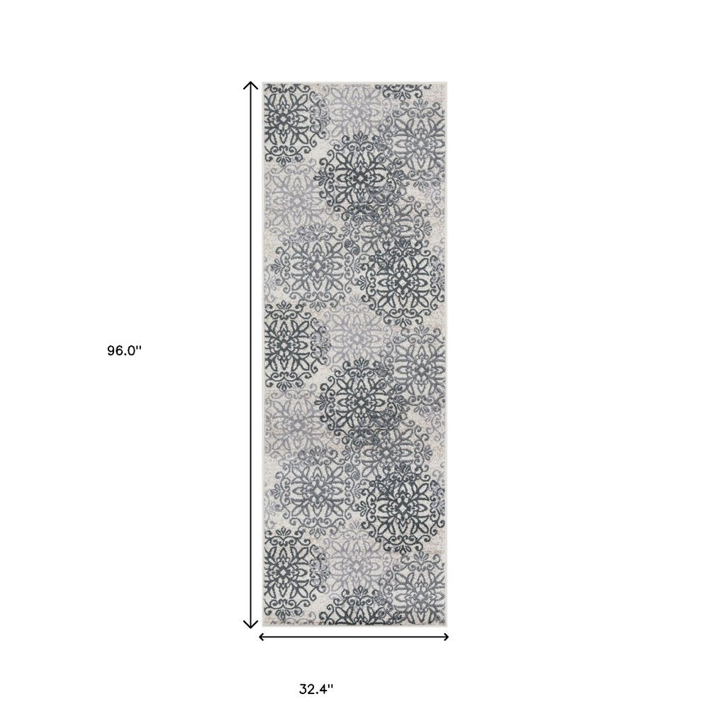 8' Gray And Charcoal Medallion Runner Rug
