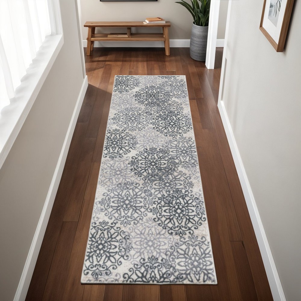 8' Gray And Charcoal Medallion Runner Rug