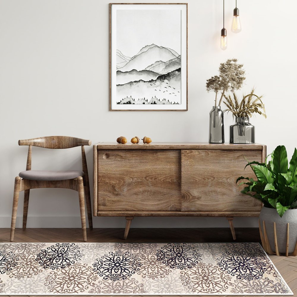 11' Beige Black And Brown Floral Medallion Runner Rug