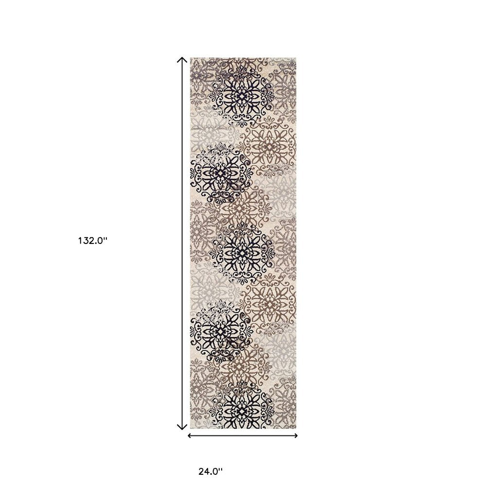 11' Beige Black And Brown Floral Medallion Runner Rug