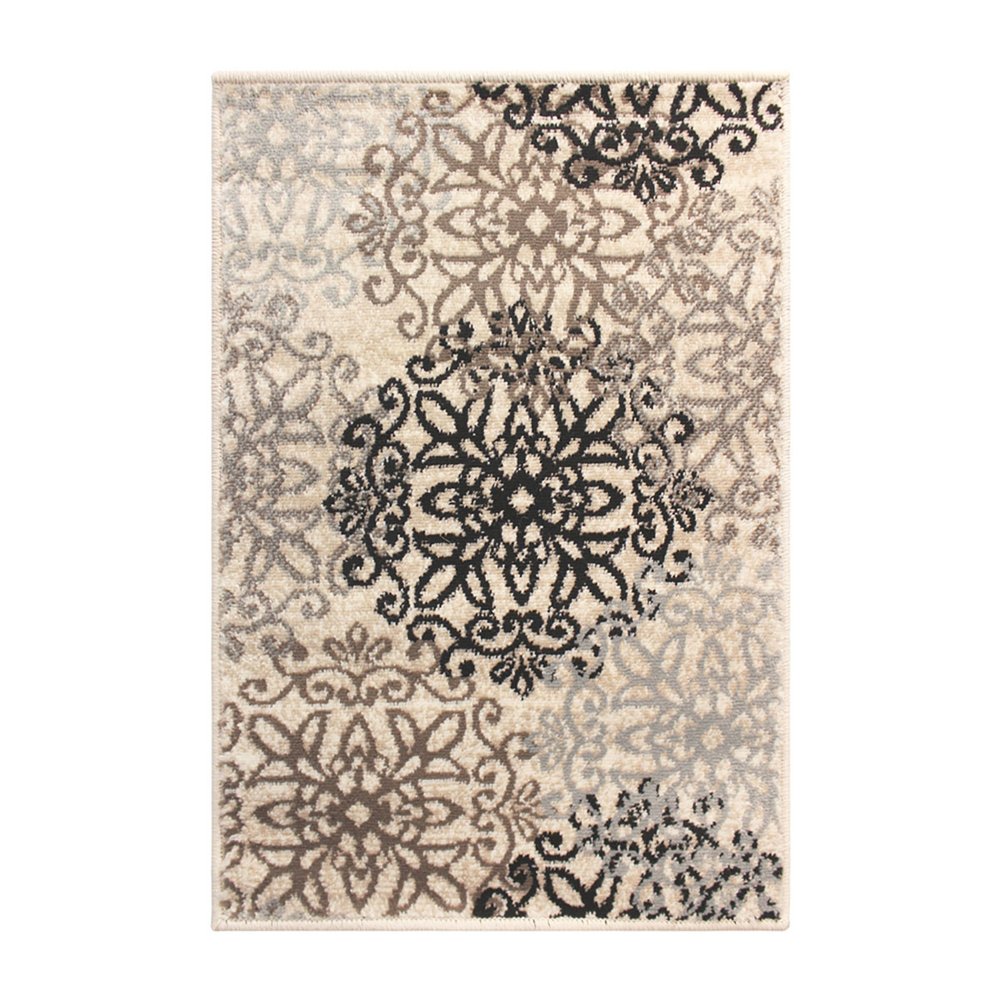 2' X 3' Beige Black And Brown Floral Medallion Area Rug