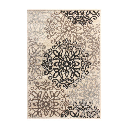 2' X 3' Beige Black And Brown Floral Medallion Area Rug