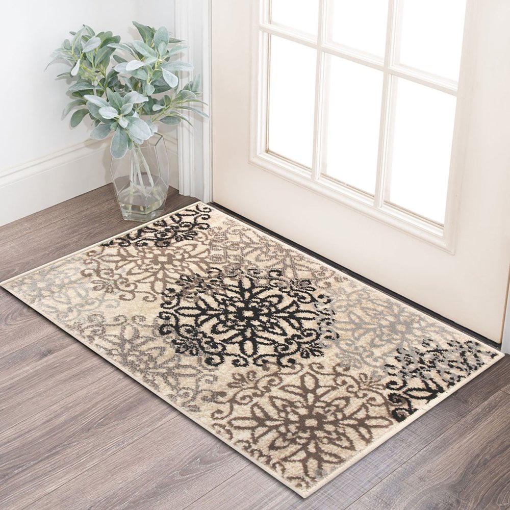 2' X 3' Beige Black And Brown Floral Medallion Area Rug