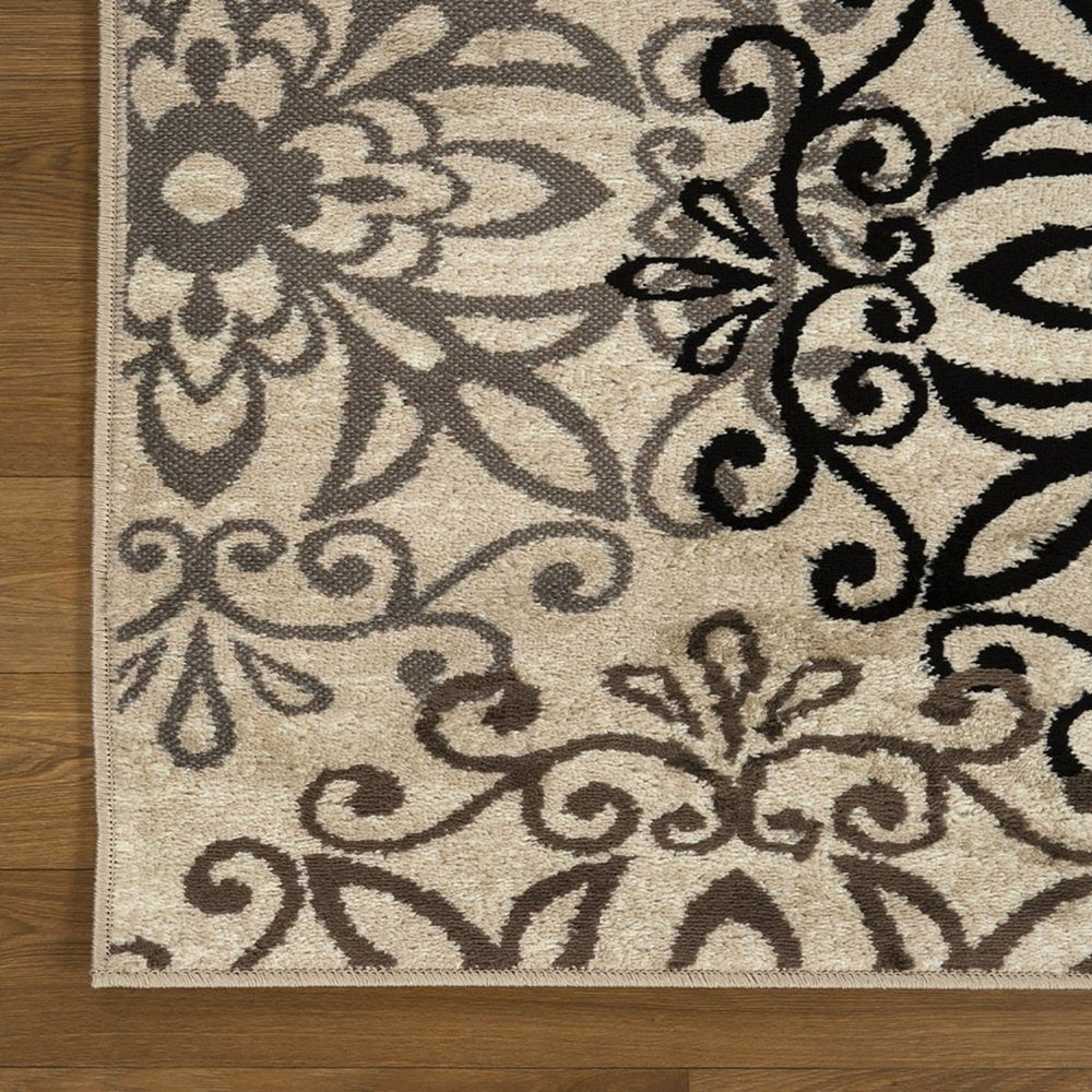 2' X 3' Beige Black And Brown Floral Medallion Area Rug