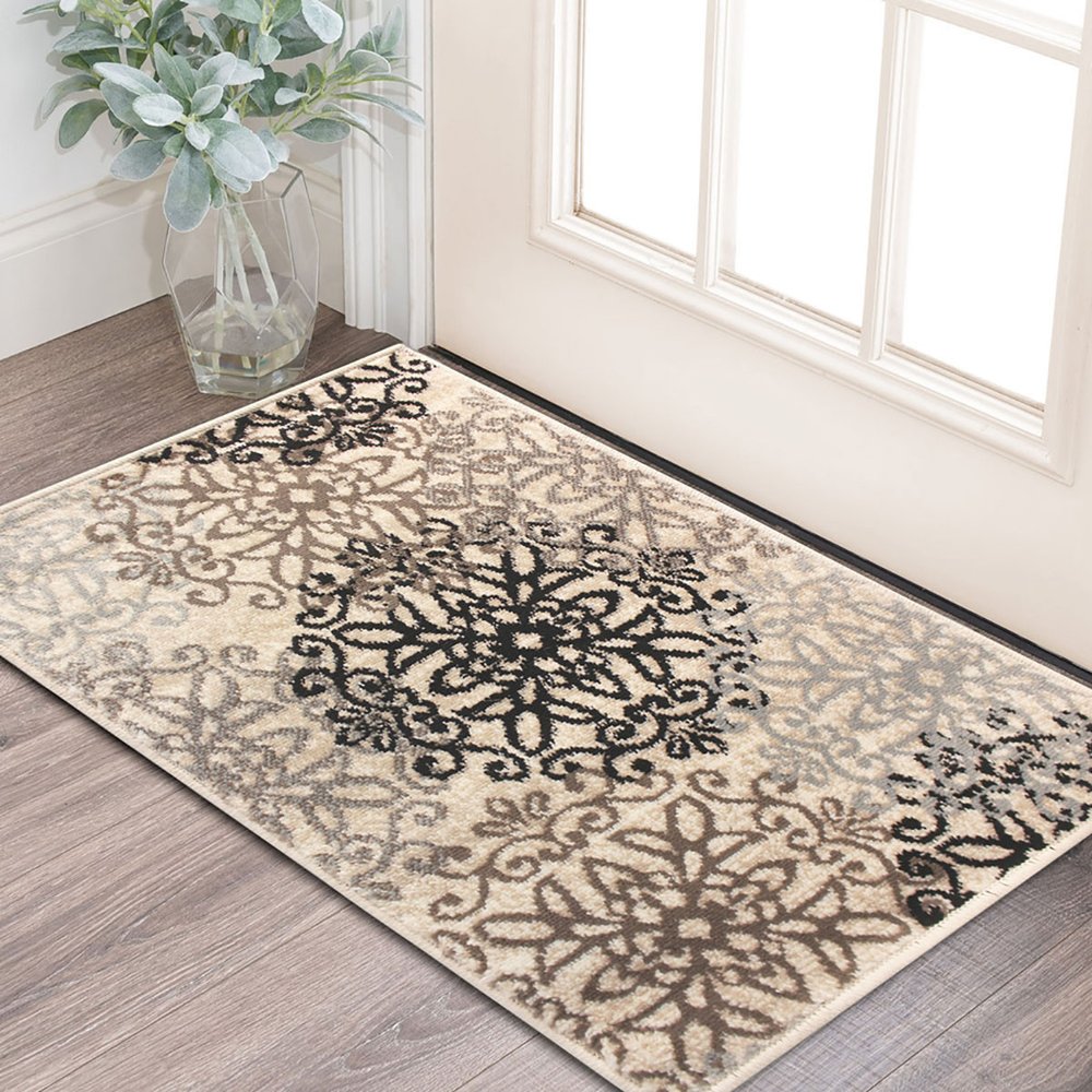 2' X 3' Beige Black And Brown Floral Medallion Area Rug