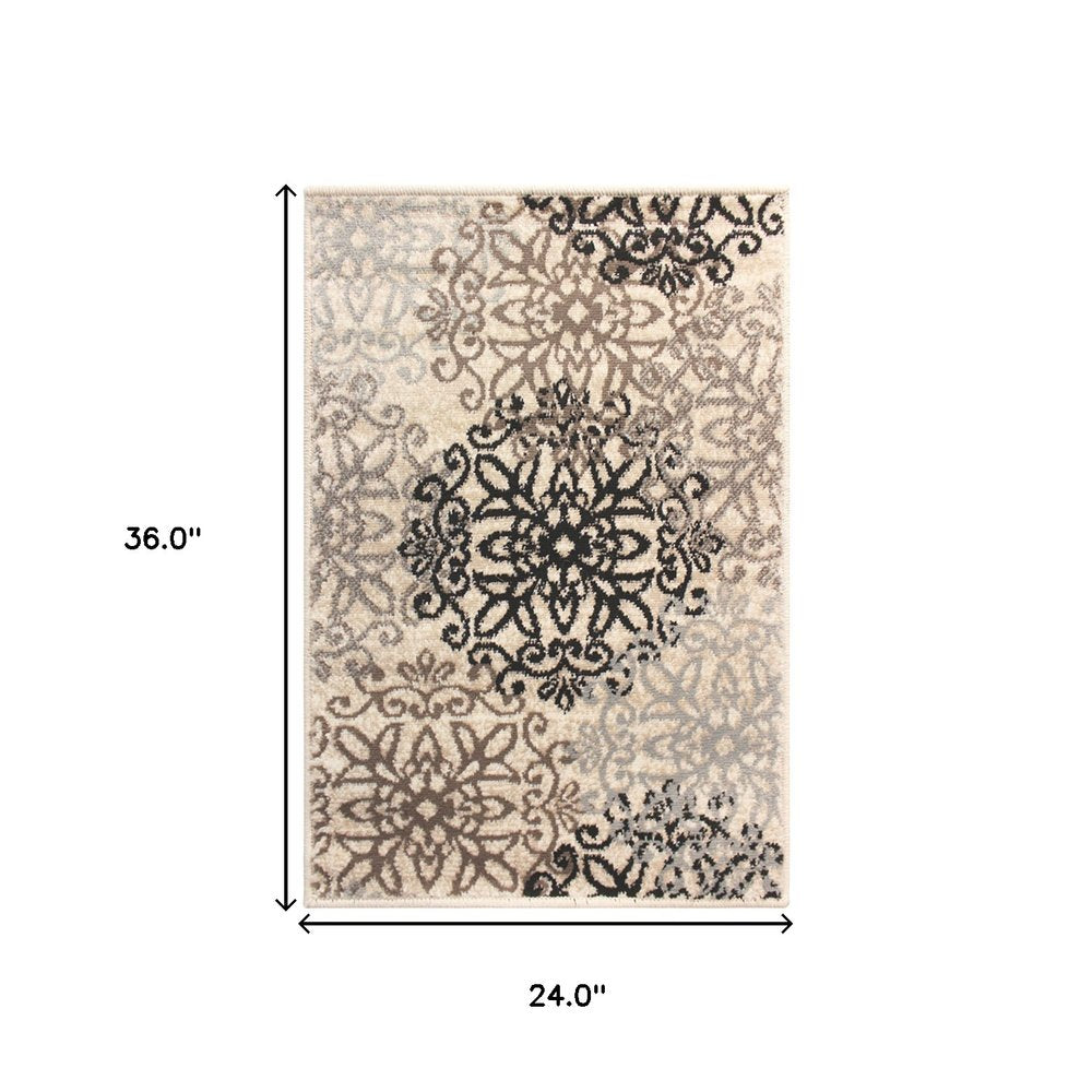 2' X 3' Beige Black And Brown Floral Medallion Area Rug