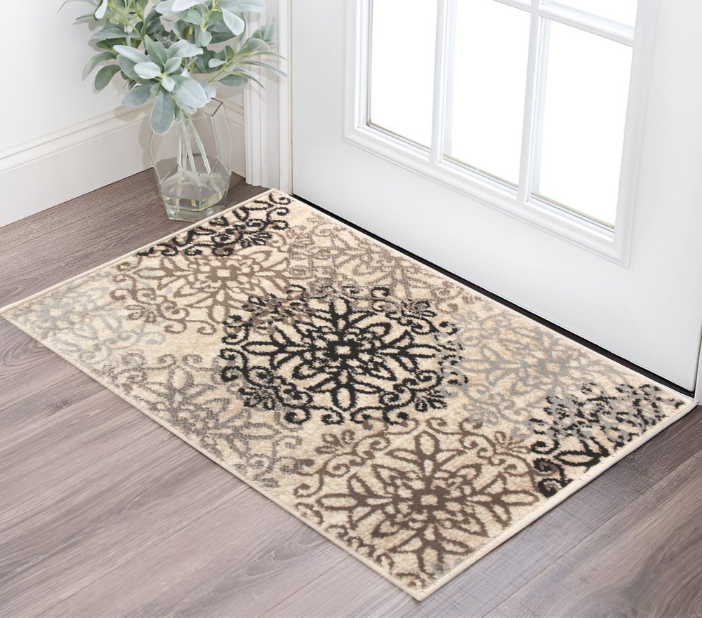 2' X 3' Beige Black And Brown Floral Medallion Area Rug