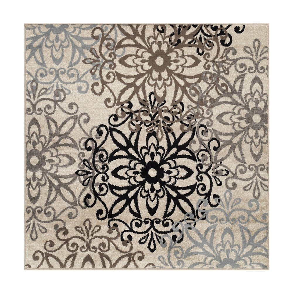 5' Brown Black And Gray Medallion Square Rug
