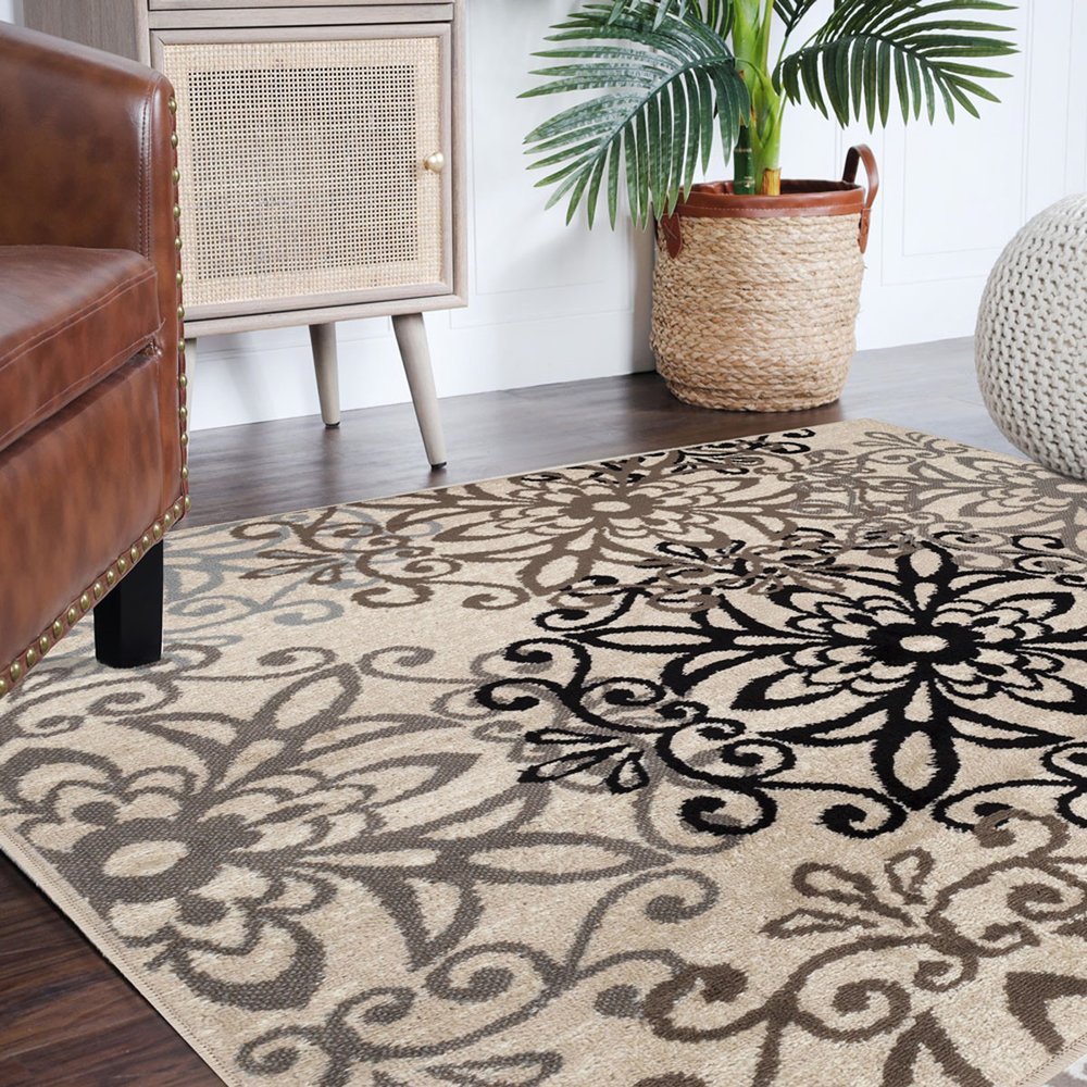 5' Brown Black And Gray Medallion Square Rug