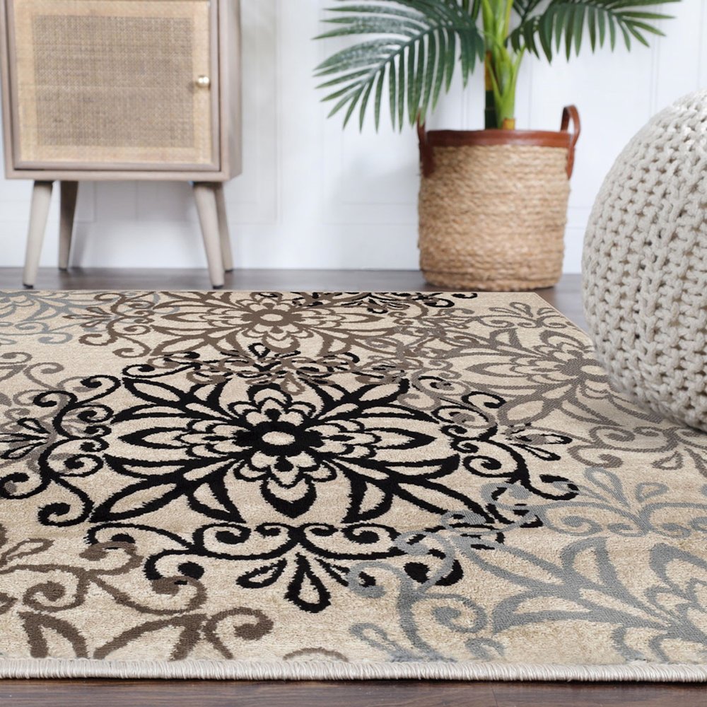 5' Brown Black And Gray Medallion Square Rug
