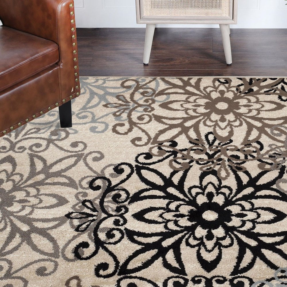 5' Brown Black And Gray Medallion Square Rug
