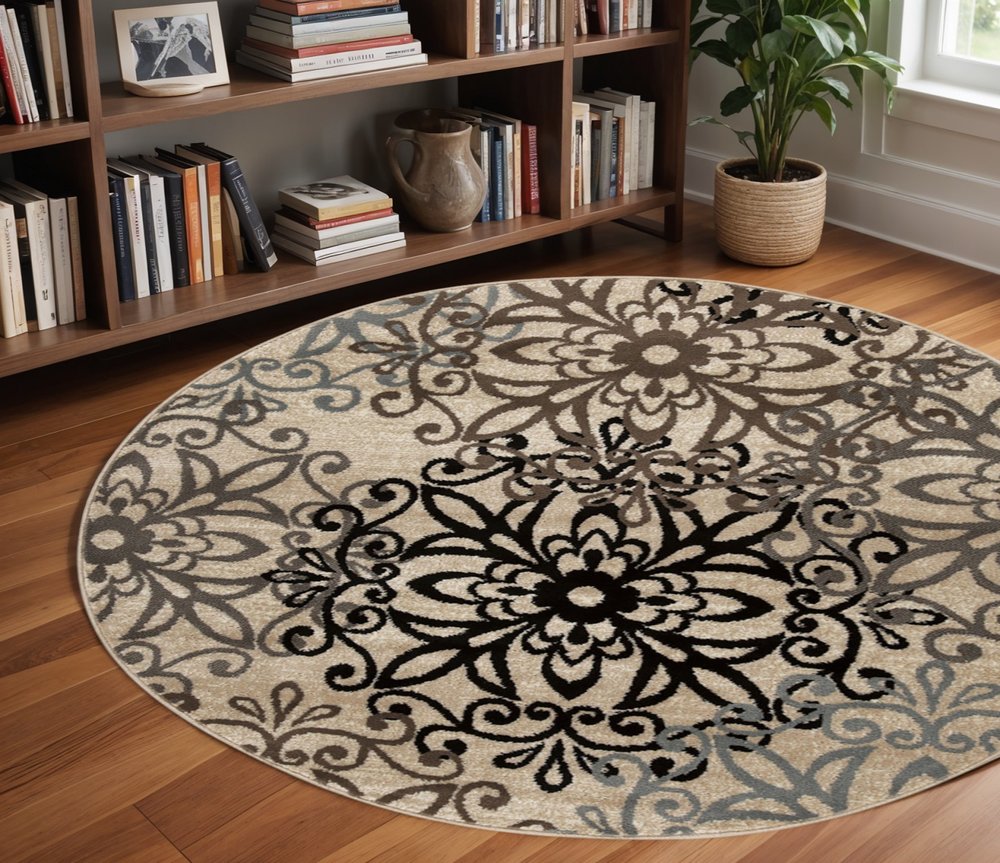 8' Brown Black And Gray Medallion Round Rug