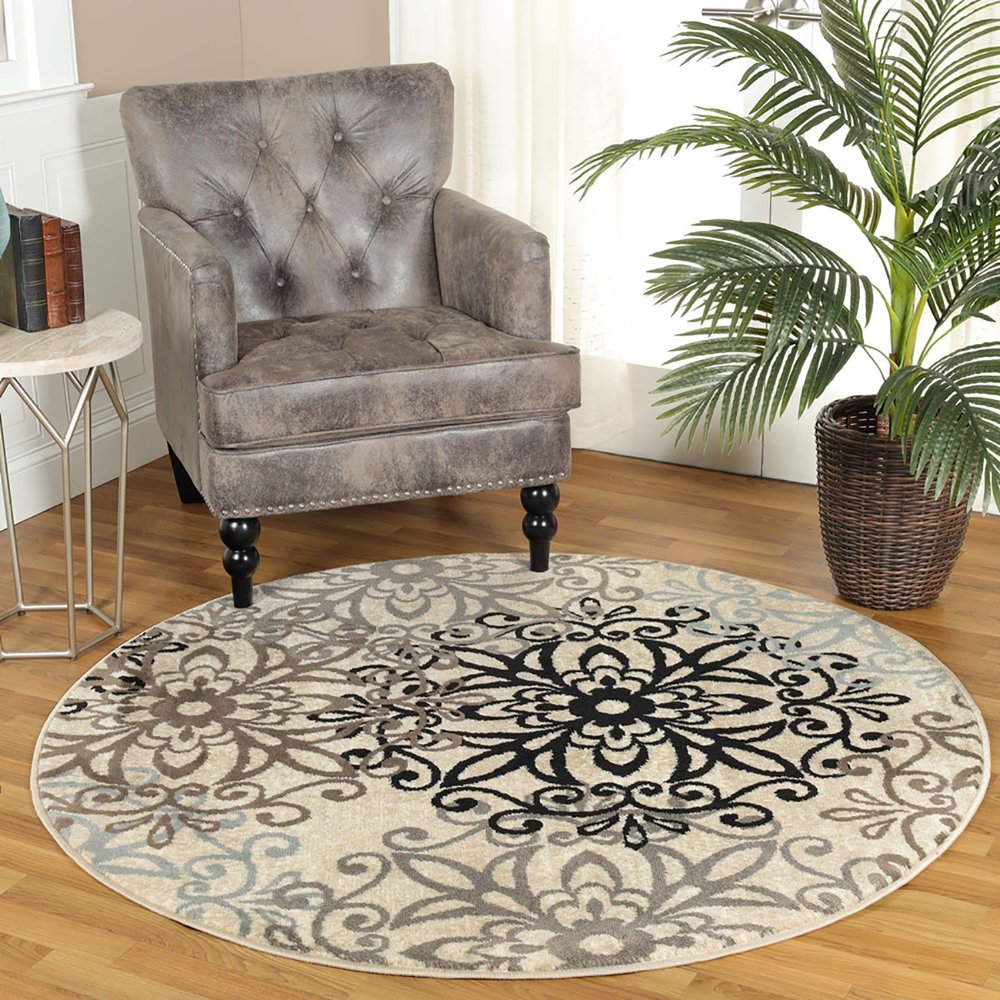 8' Brown Black And Gray Medallion Round Rug