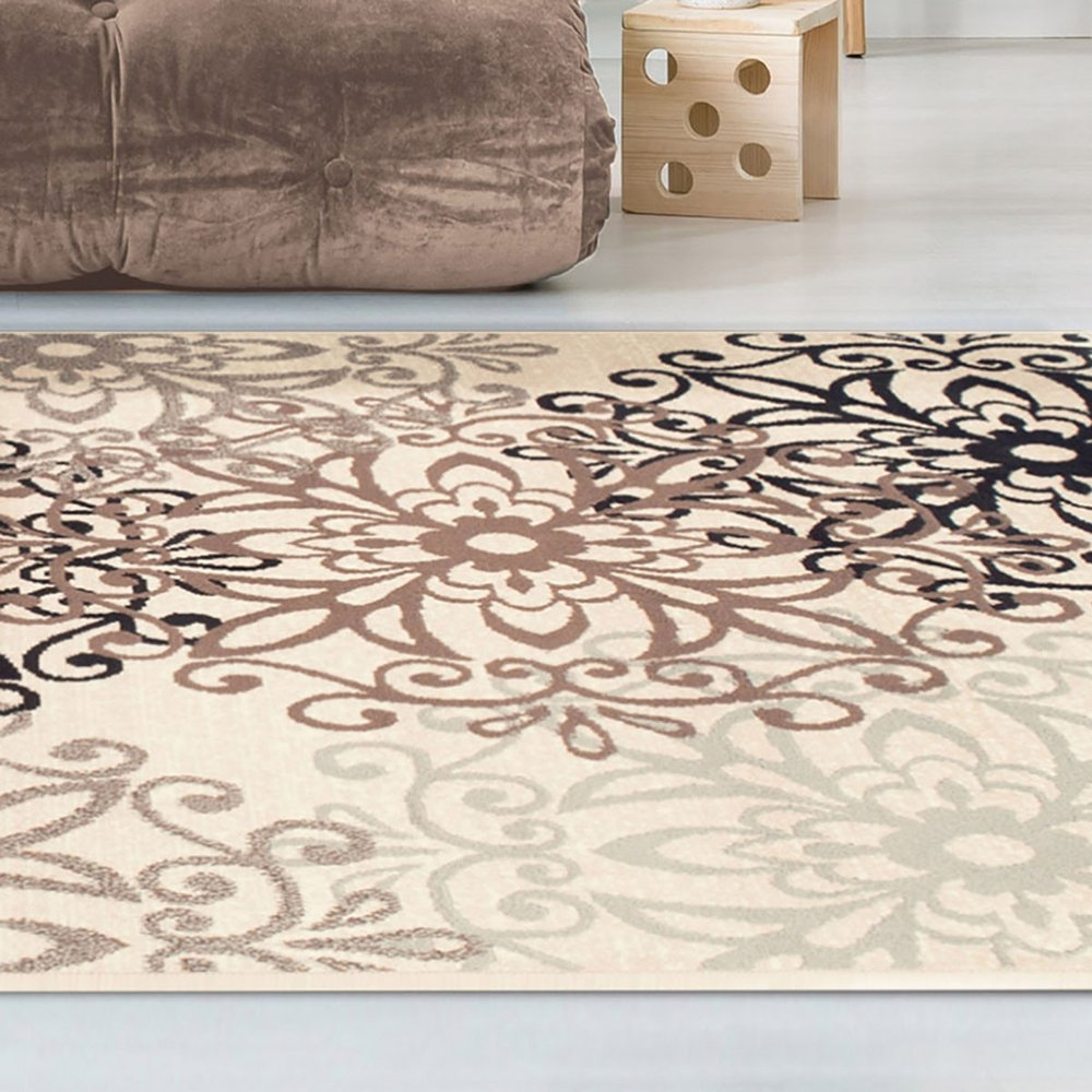 9' X 12' Beige Black And Brown Floral Medallion Area Rug