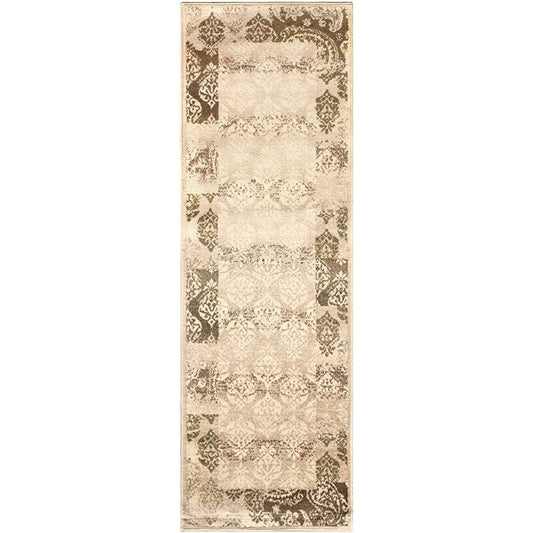 8' Beige And Brown Damask Distressed Runner Rug