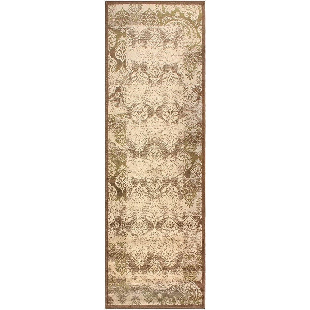 8' Beige And Brown Damask Distressed Runner Rug